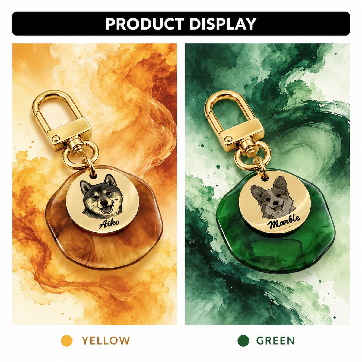 Yellow and green double-layer pet portrait tags with engraved dog portraits, names and gold-tone clasps