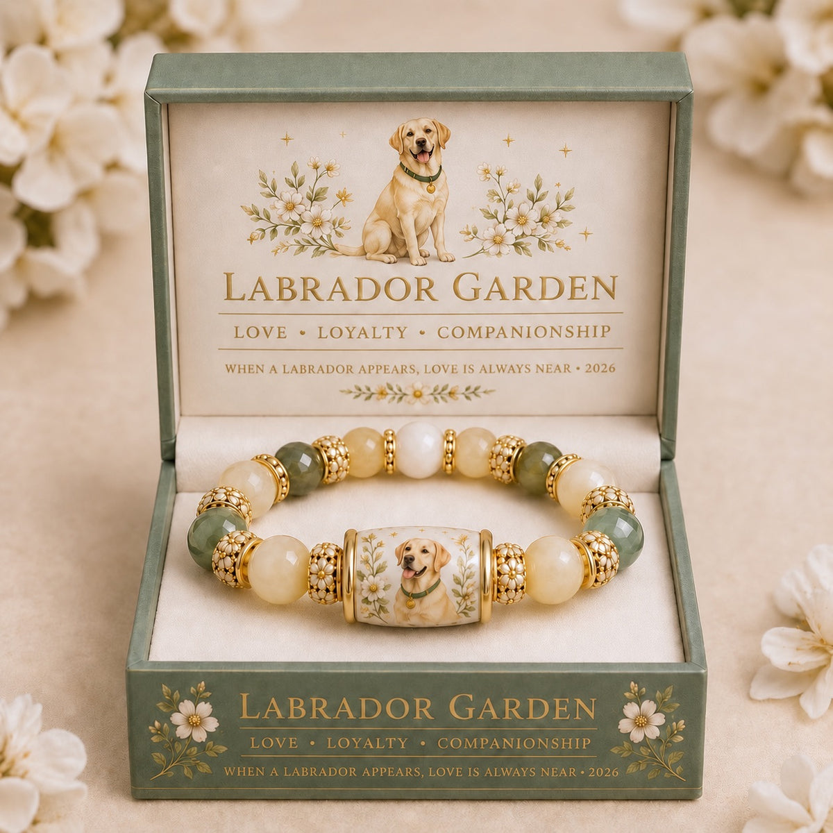 Yellow Labrador Garden bracelet with cream and sage beads displayed in a green floral gift box