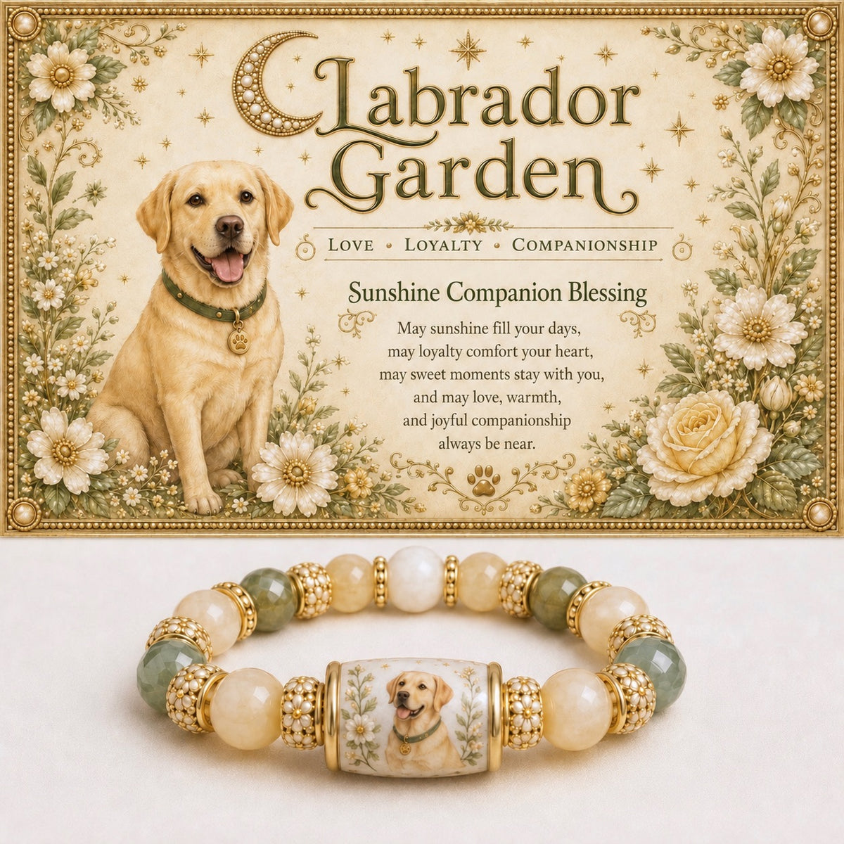 Yellow Labrador portrait bracelet with sage, yellow and cream beads beneath botanical artwork