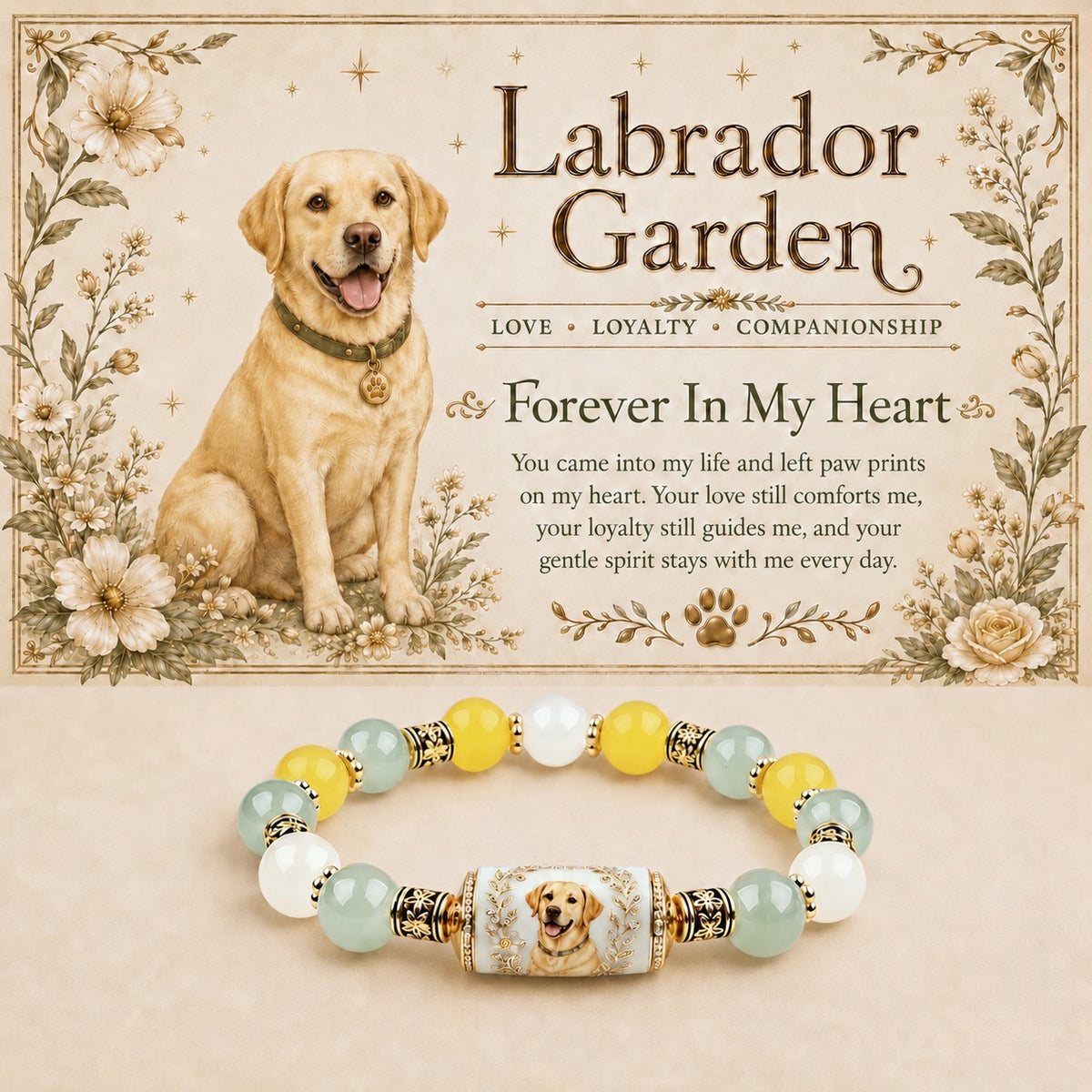 Yellow Labrador portrait bracelet with yellow, pale green and white beads and a floral wreath centerpiece